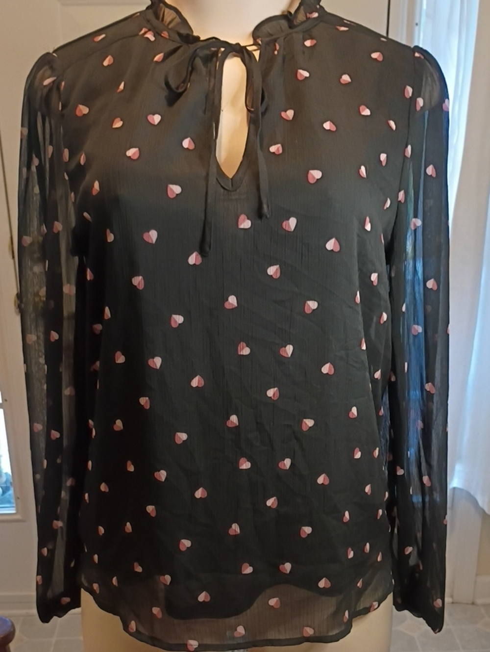 Have Black Sheer Blouse with Pink Heart Print and Tie Neck